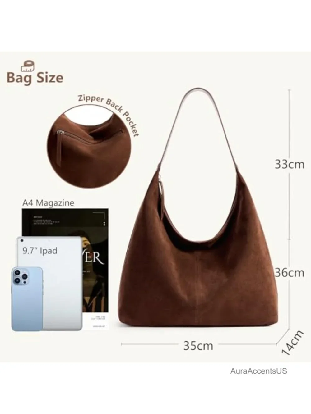 Slouchy Tote Bag 18L Casual Vegan Leather Crescent Hobo Zipper Bag